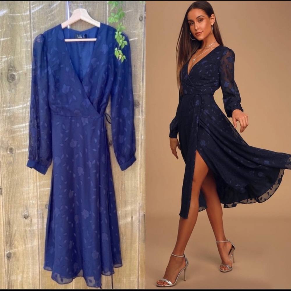 Navy Blue Floral Jacquard Wrap Midi Dress